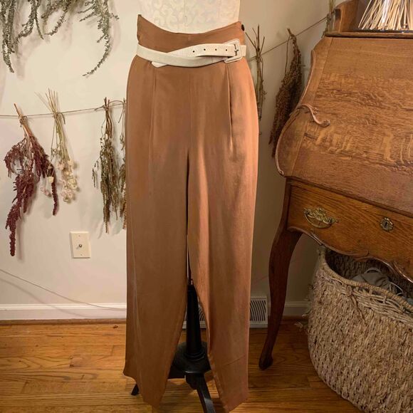 Studio G Camel Rust Colored 100% Silk Pleated Trousers Size 6 Holiday - Picture 2 of 7